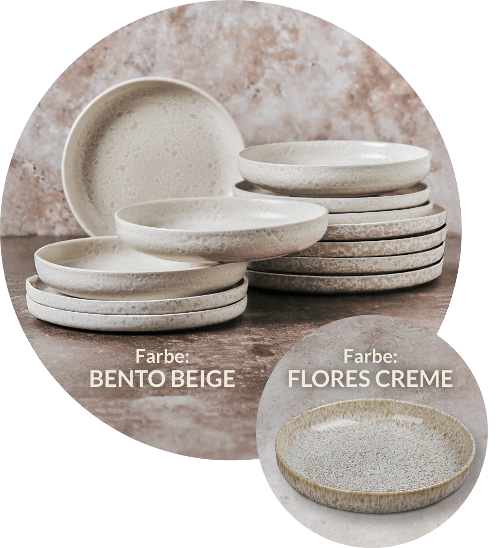 Abbildung der beiden Geschirrsets:
                                            Bento Beige ist in einem Beigeton gehalten und weist leicht abgedunkelte Flecken auf.
                                            Flores Creme kombiniert Beige mit ockerfarbenen Sprenkeln und einem feinen Farbverlauf am Rand.